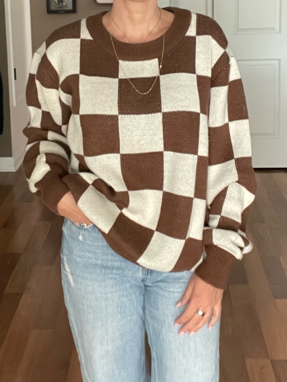 Ascot & Hart Women’s Brown and Cream Checkered Sweater - Casual Knit Pullover